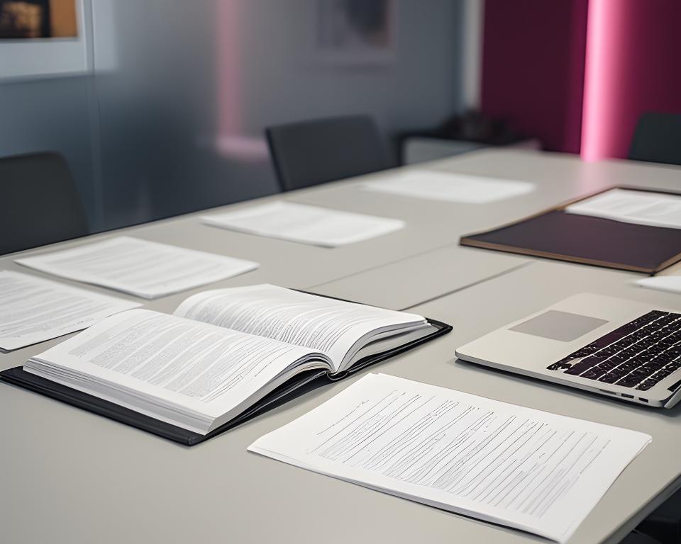 Mesa de trabajo con expediente abierto, portátil y notas jurídicas en una sala moderna de reuniones